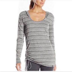 Prana Vinyasa hoodie shirt gray white striped ruching pullover tunic